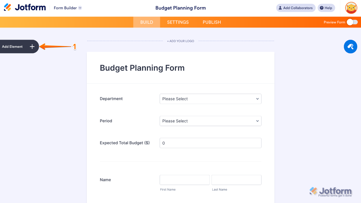 Form Builder interface highlighting the Add Element button on the left panel to add new fields and widgets
