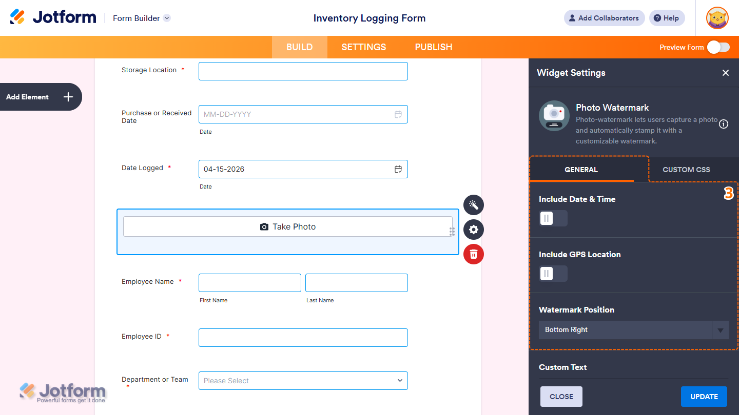 Photo Watermark Widget Settings in Jotform Form Builder
