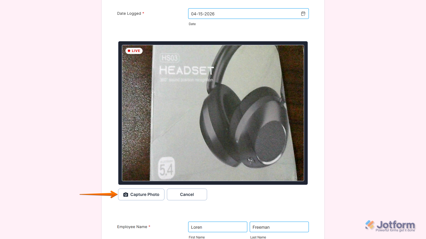 Capture Photo button on the Photo Watermark widget on a Jotform Demo Form