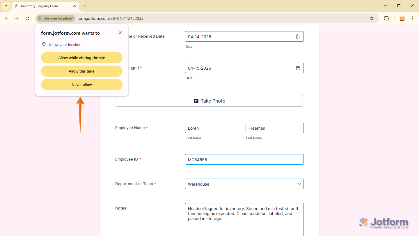 Allow Location Access on web browser for the Photo Watermark widget on a Jotform Demo Form