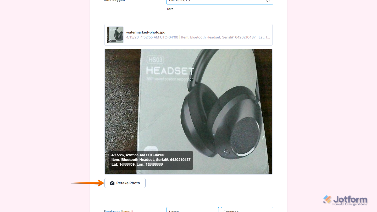 Retake Photo button on the Photo Watermark widget on a Jotform Demo Form