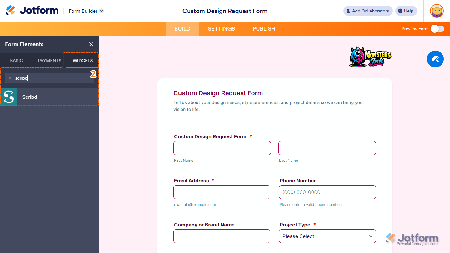 Scribd element under the Widgets tab of the Form Elements menu in Jotform Form Builder