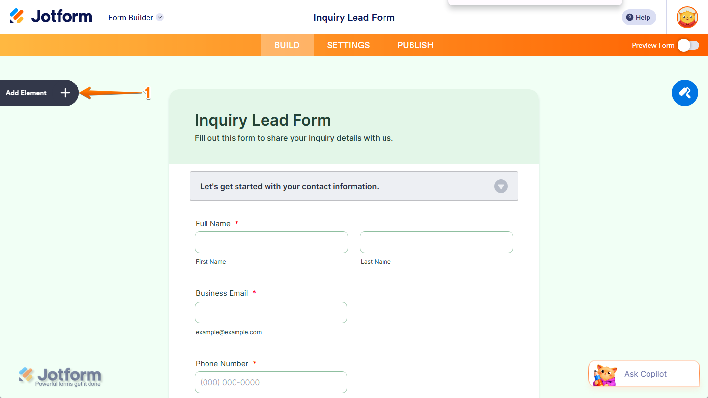 Add Element button in Jotform Form Builder