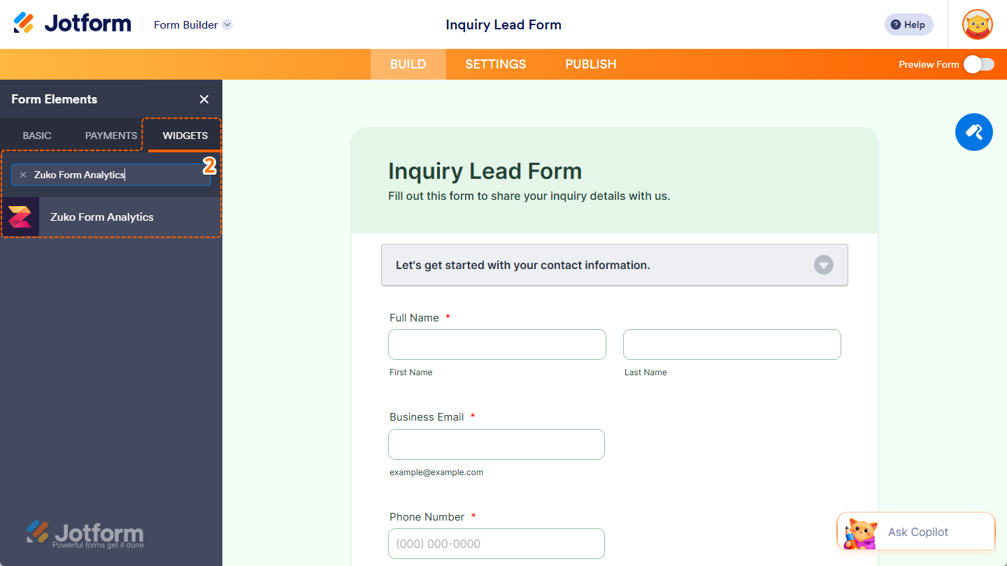 Zuko Form Analytics element under the Widgets tab of the Form Elements menu in Jotform Form Builder