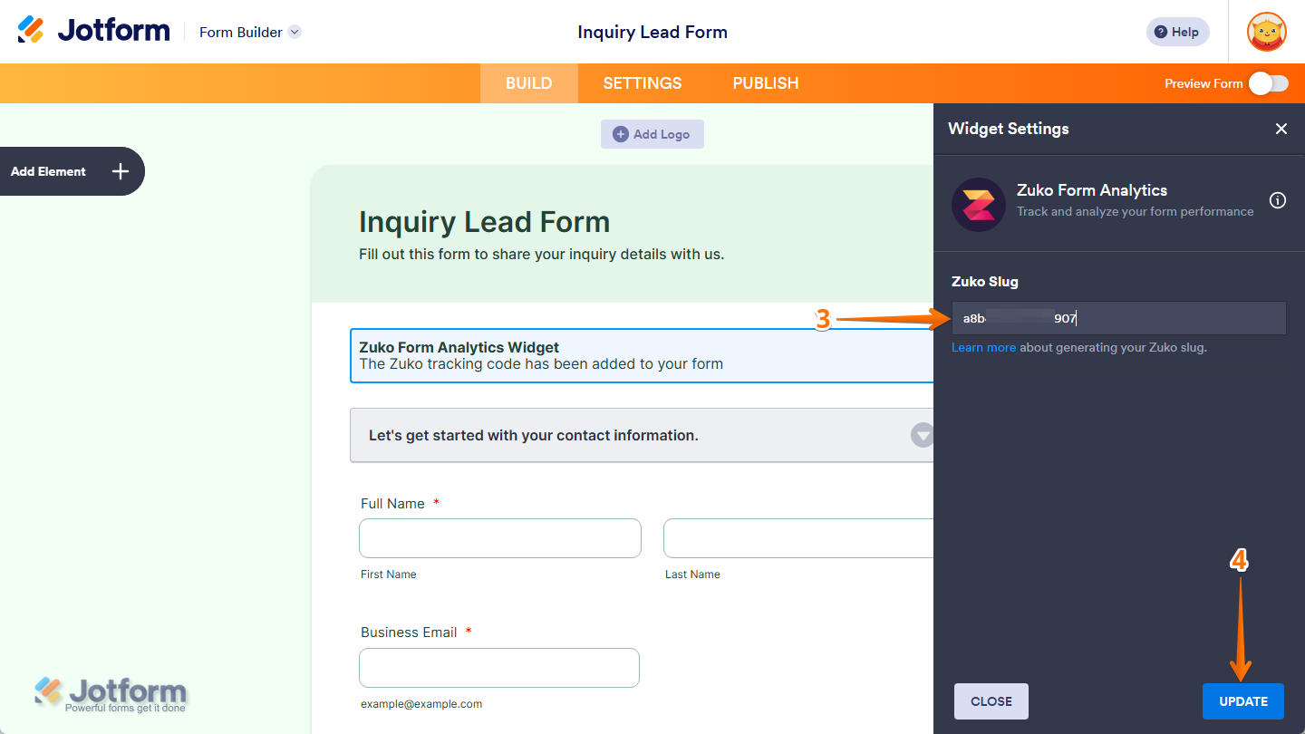 Zuko Form Analytics Widget Settings in Jotform Form Builder