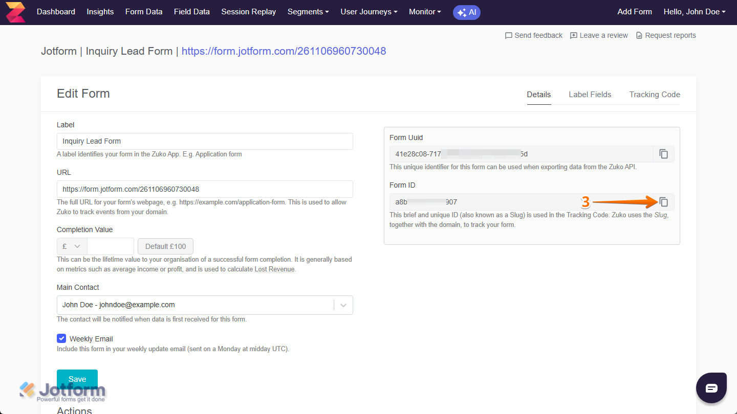 Copy icon of the Form ID in the Details tab of the Edit Form section in Zuko Dashboard