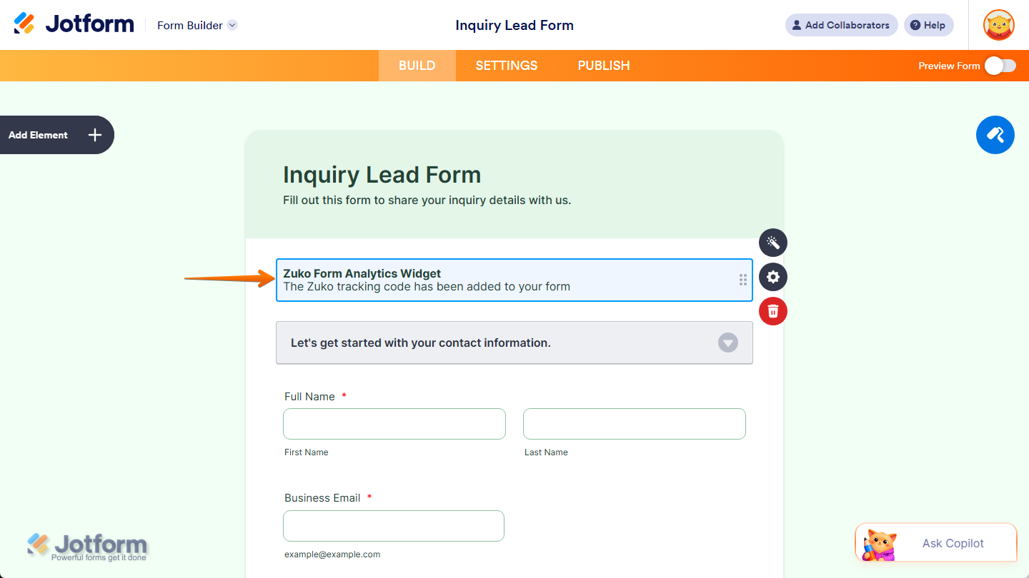 Zuko Form Analytics widget in Jotform Form Builder