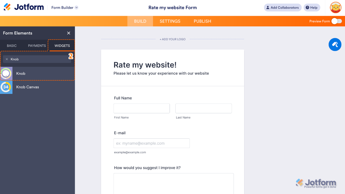 Form Elements panel under the Widgets tab showing the Knob widget being searched and added to a form
