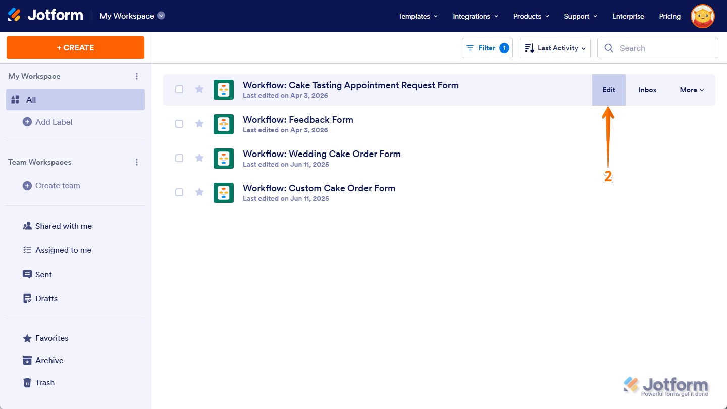 Edit button of a Workflow on the Jotform Workspace page