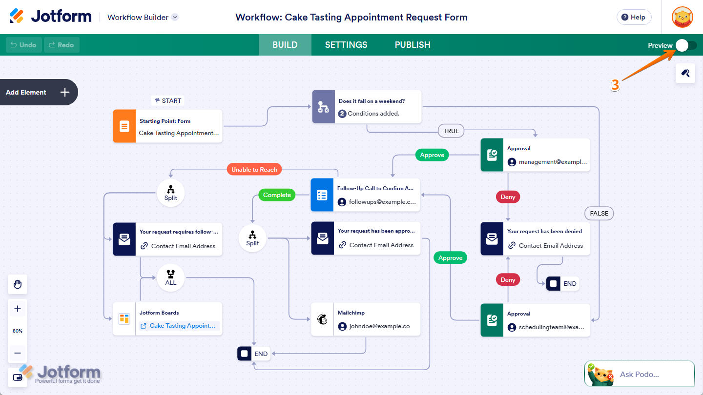 Preview toggle in Jotform Workflow Builder