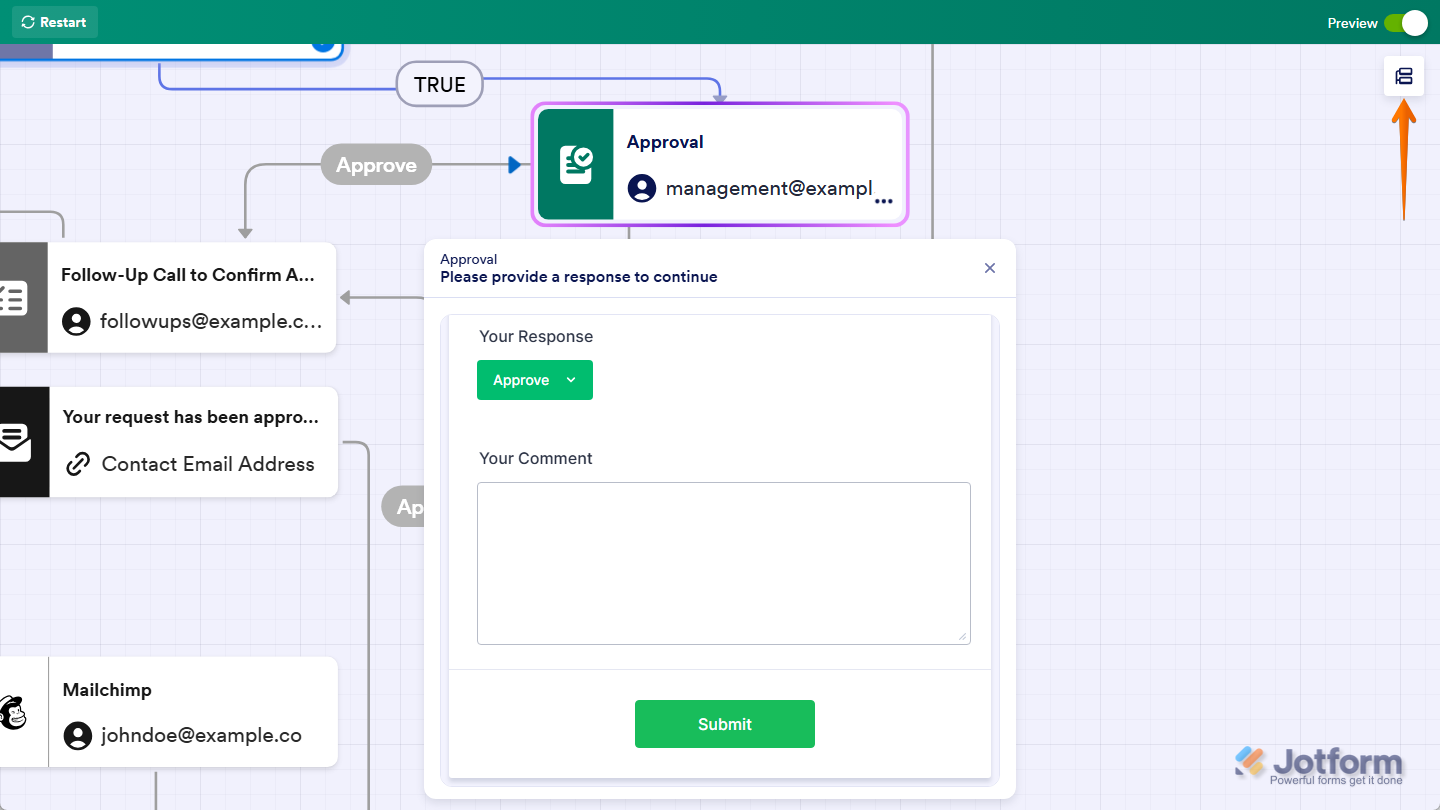 Flowchart icon in Jotform Workflow Builder Preview mode