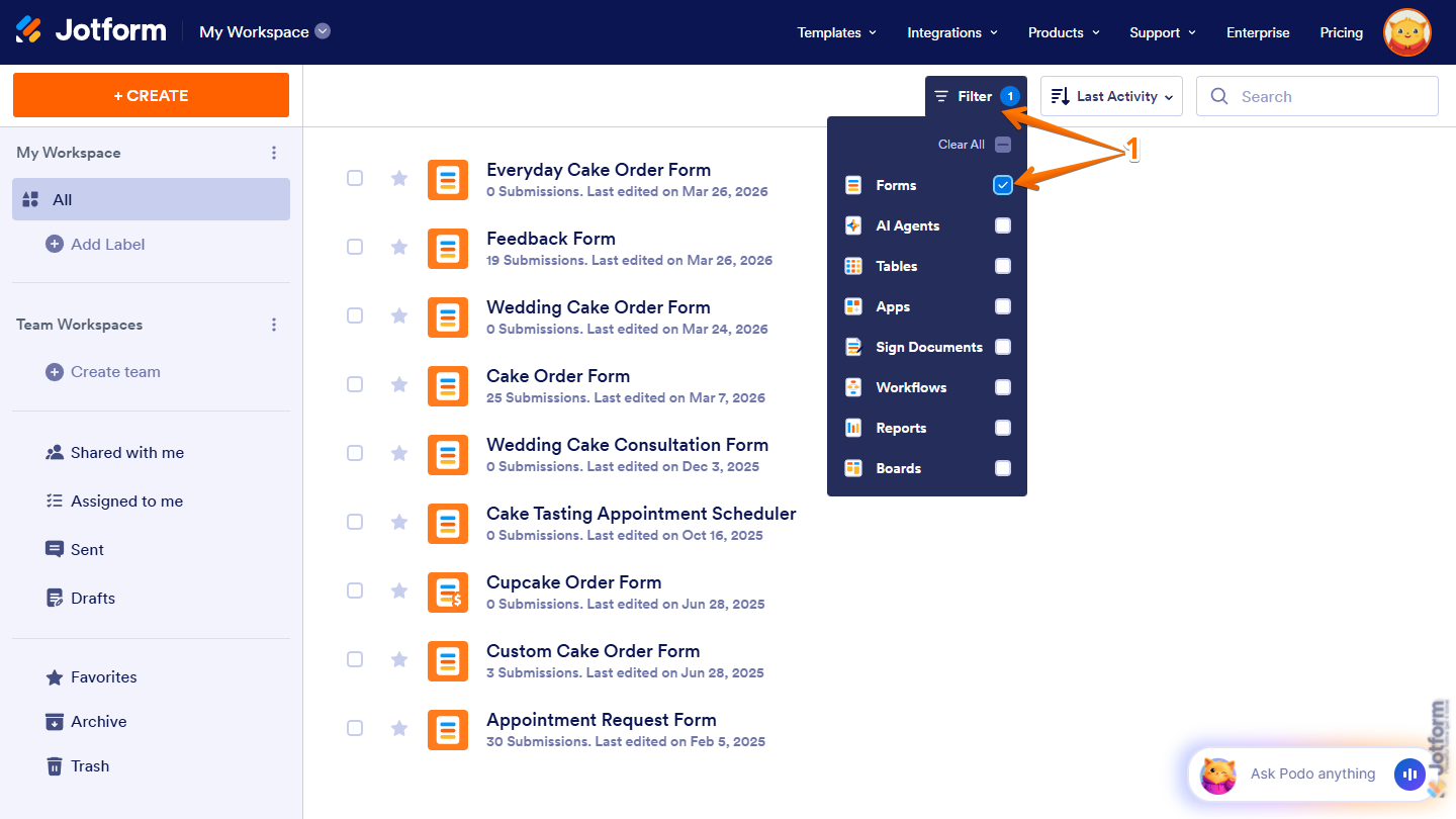 Forms option in the Filter Dropdown Menu on the Jotform Workspace page