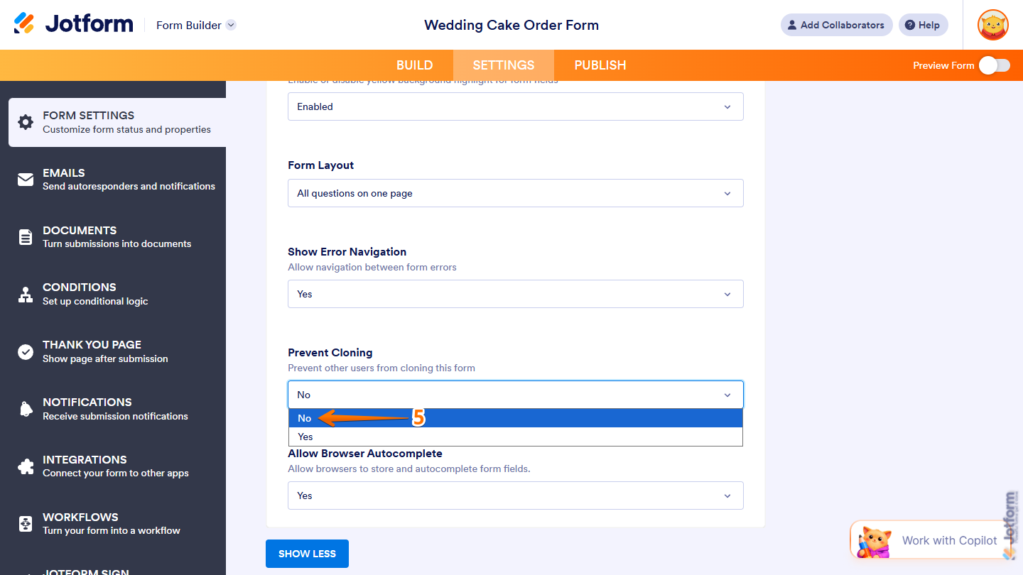 No option in the Prevent Cloning Form Settings menu in Jotform Form Builder