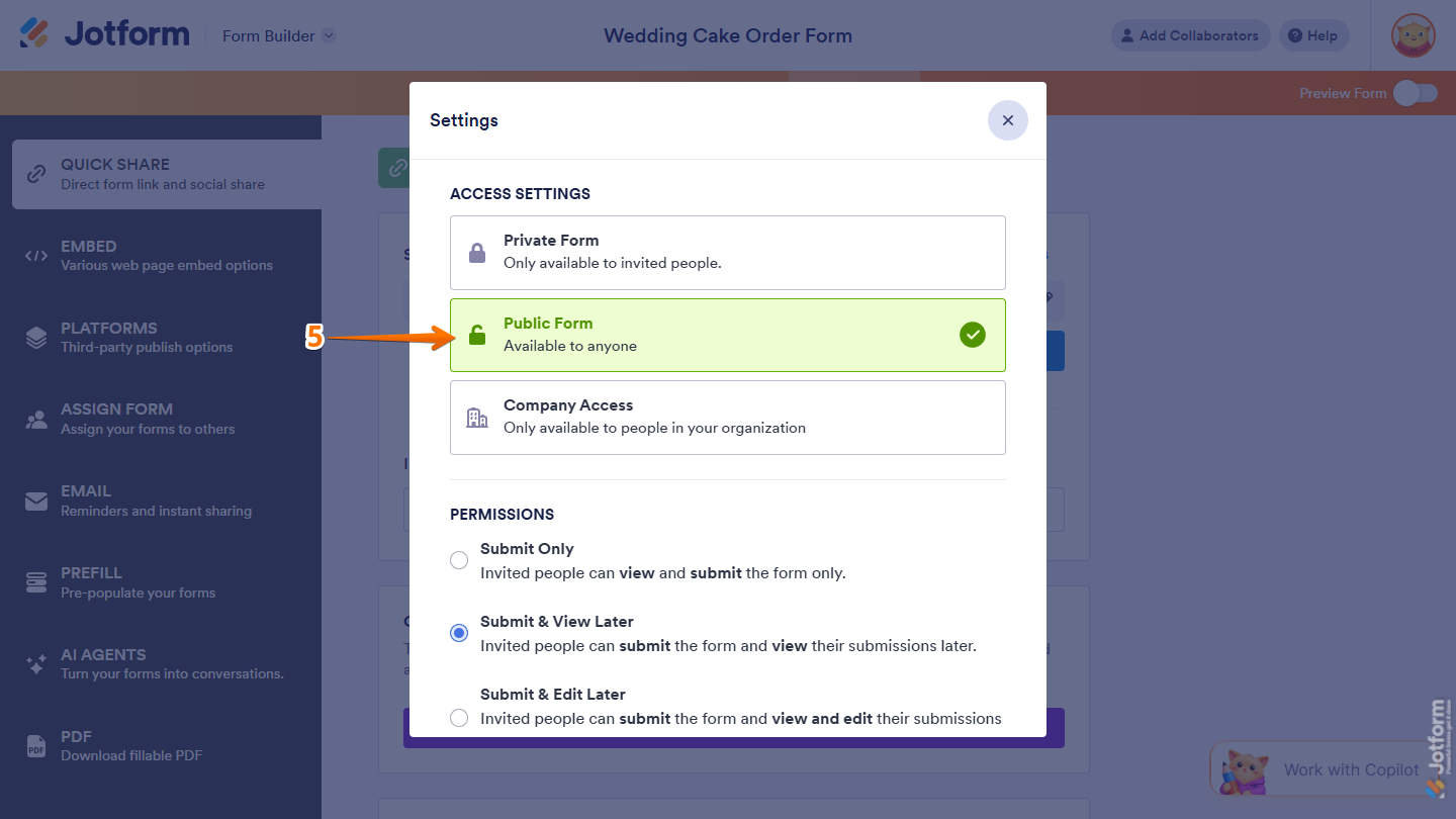 Public Form option in the Access Settings section of the Settings window under the Publish tab in Jotform Form Builder