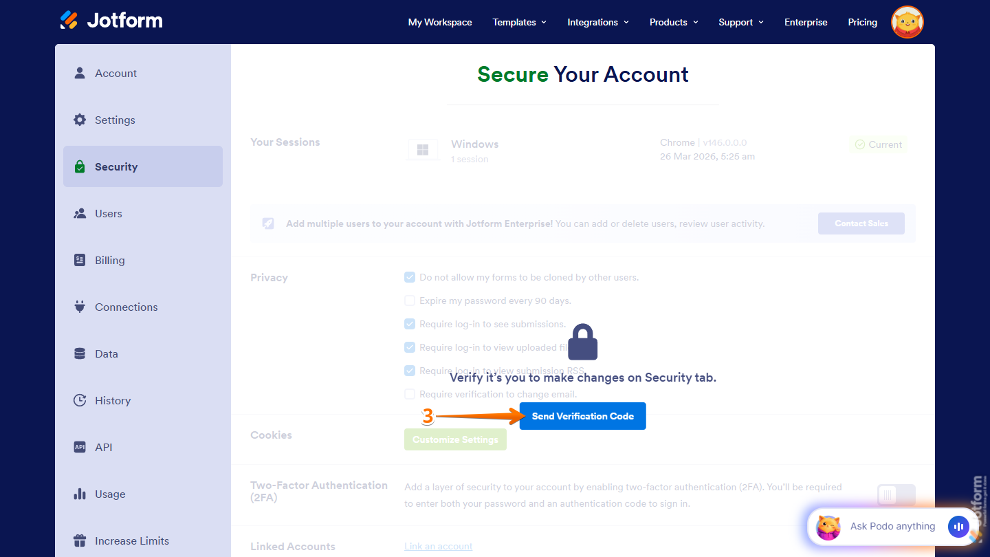 Send Verification Code button on the Jotform Account Security page