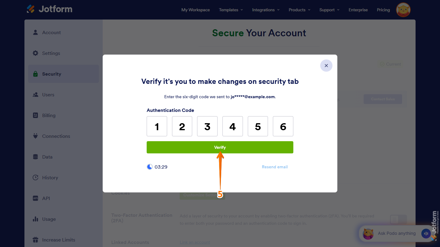 Authetication Code window on the Jotform Account Security page