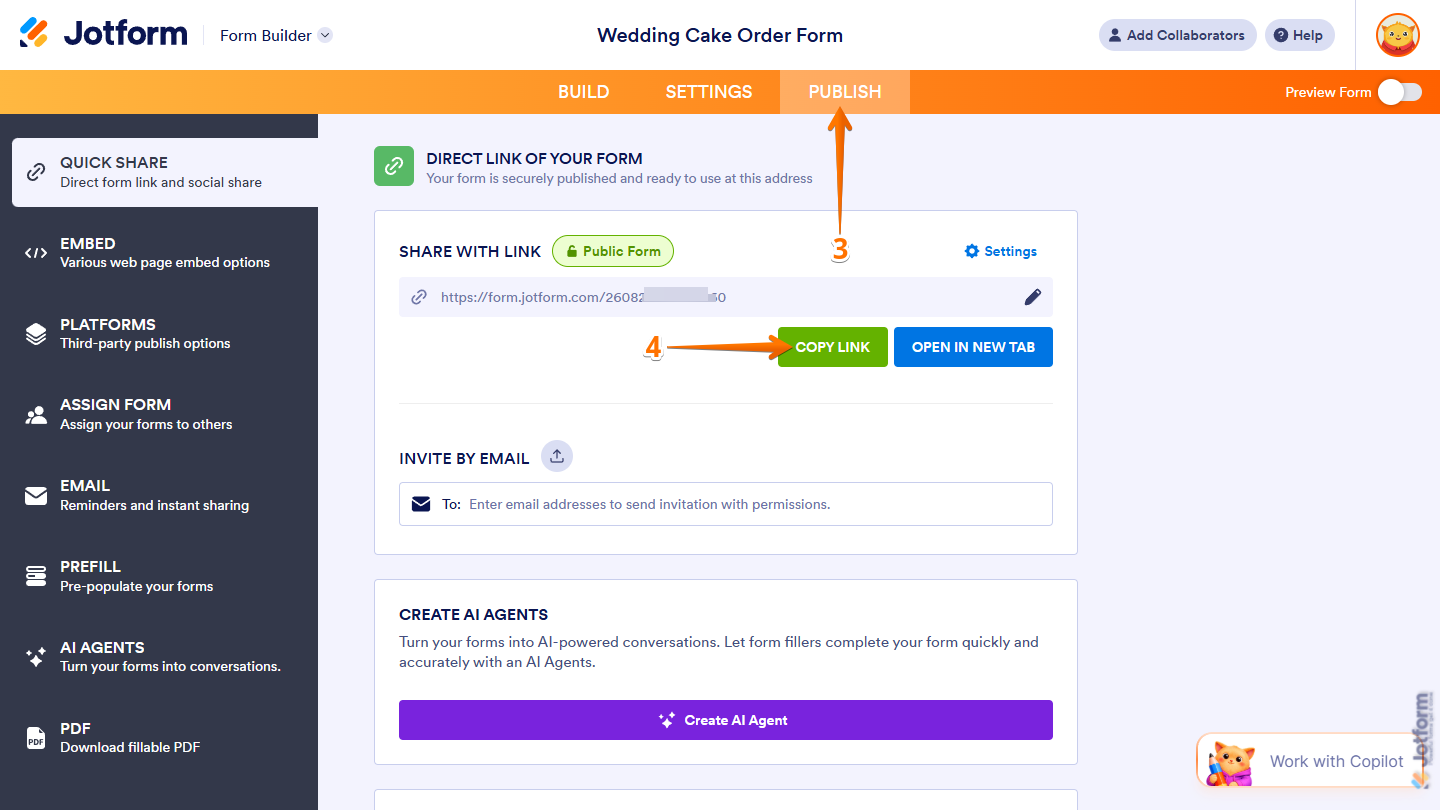 Copy Link button under the Publish tab in Jotform Form Builder