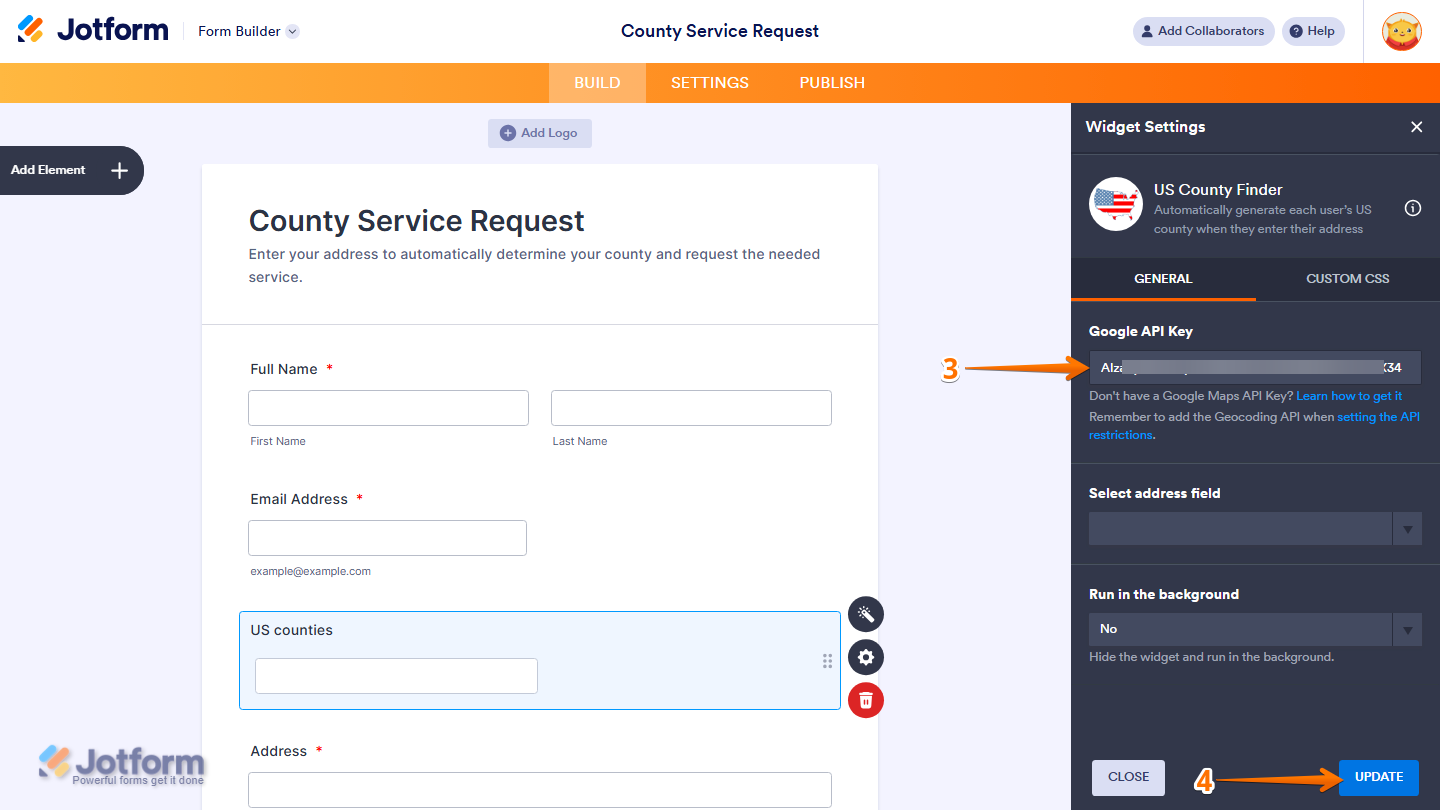 Widget Settings General tab showing Google Maps API Key input field and Update button in Jotform