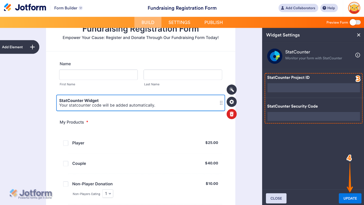 StatCounter widget settings panel showing fields for Project ID and Security Code configuration