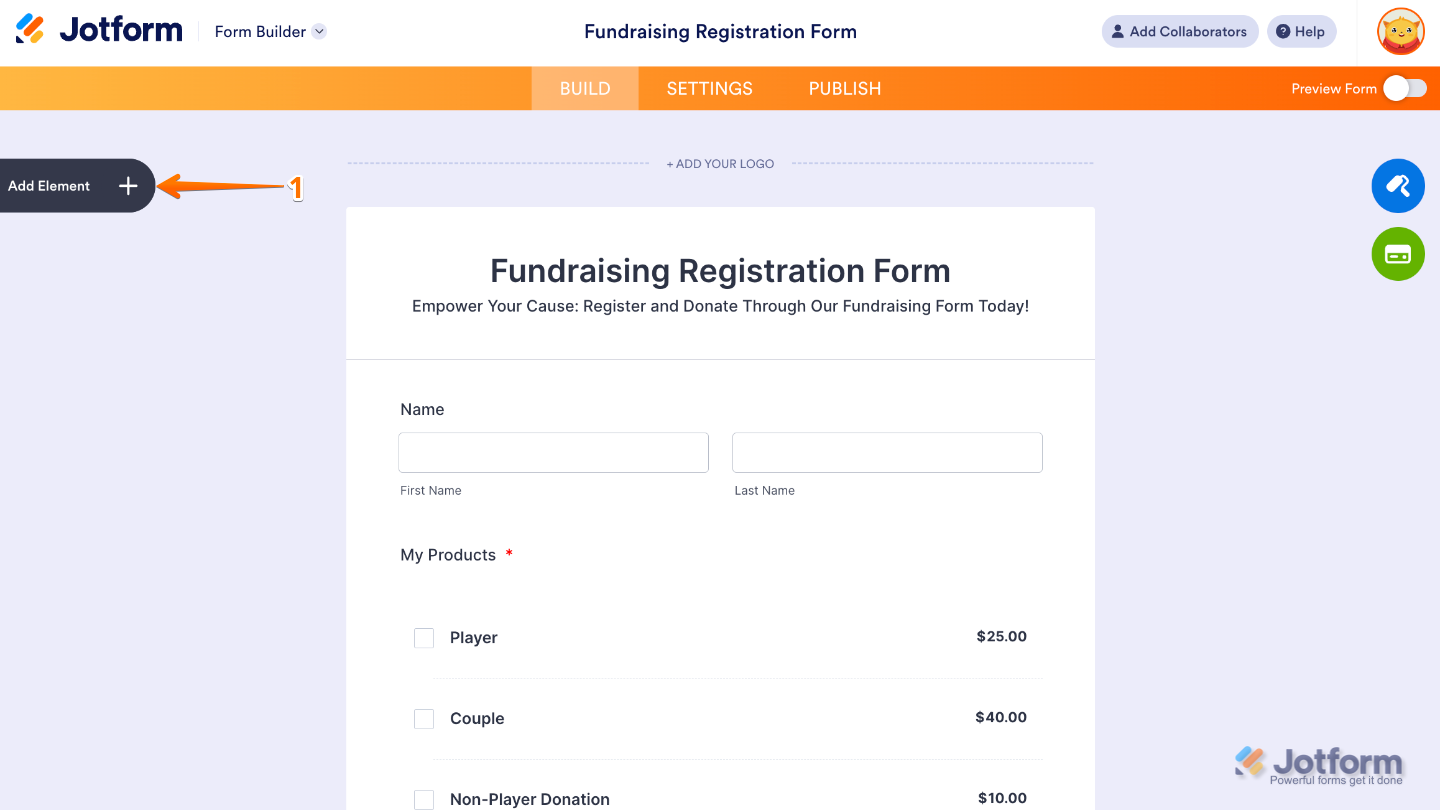 Form Builder interface highlighting the Add Element button on the left panel to add new fields and widgets
