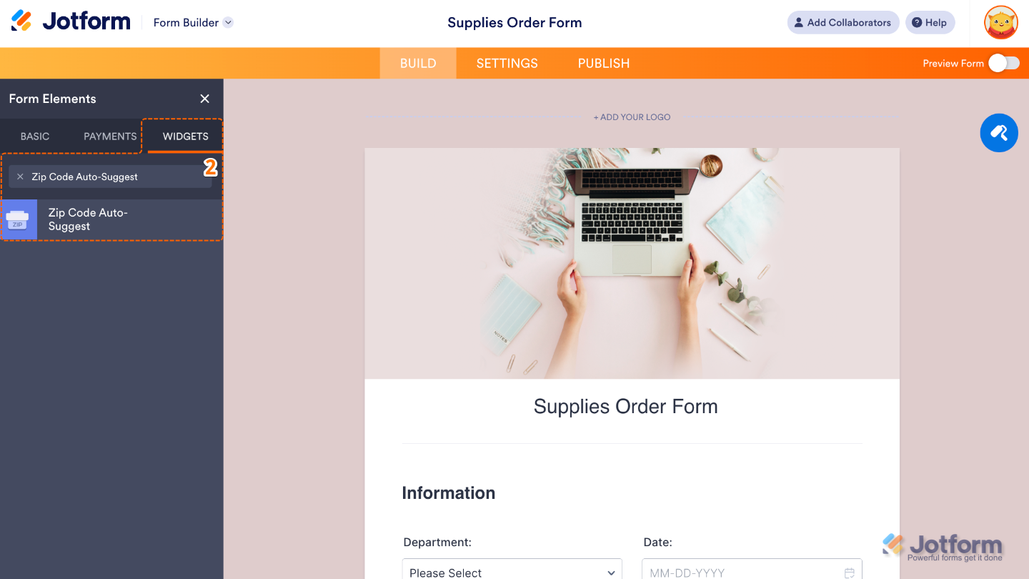 Form Elements panel under the Widgets tab showing the Zip Code Auto-Suggest widget being searched and added to a form