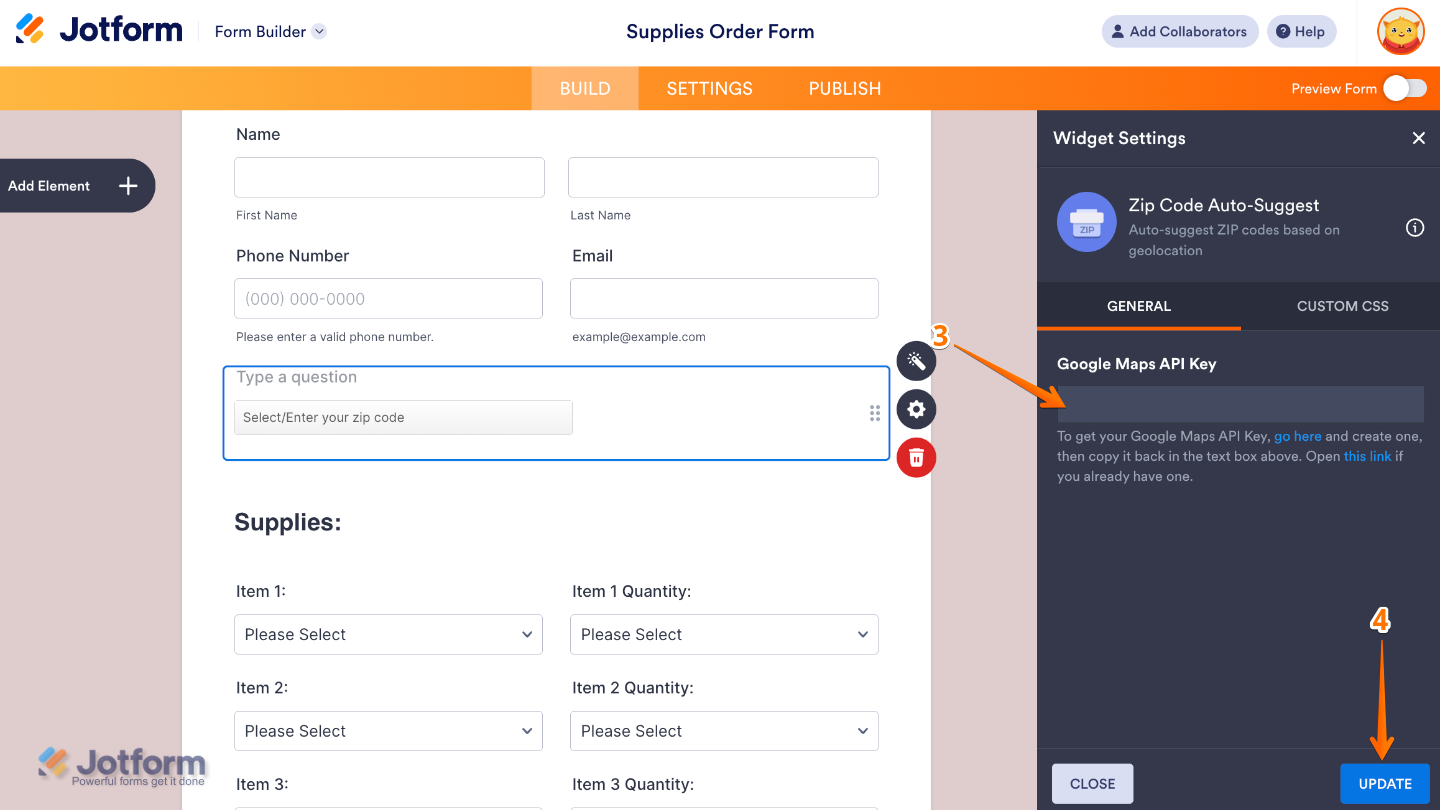 Zip Code Auto-Suggest widget settings panel showing the Google Maps API Key field