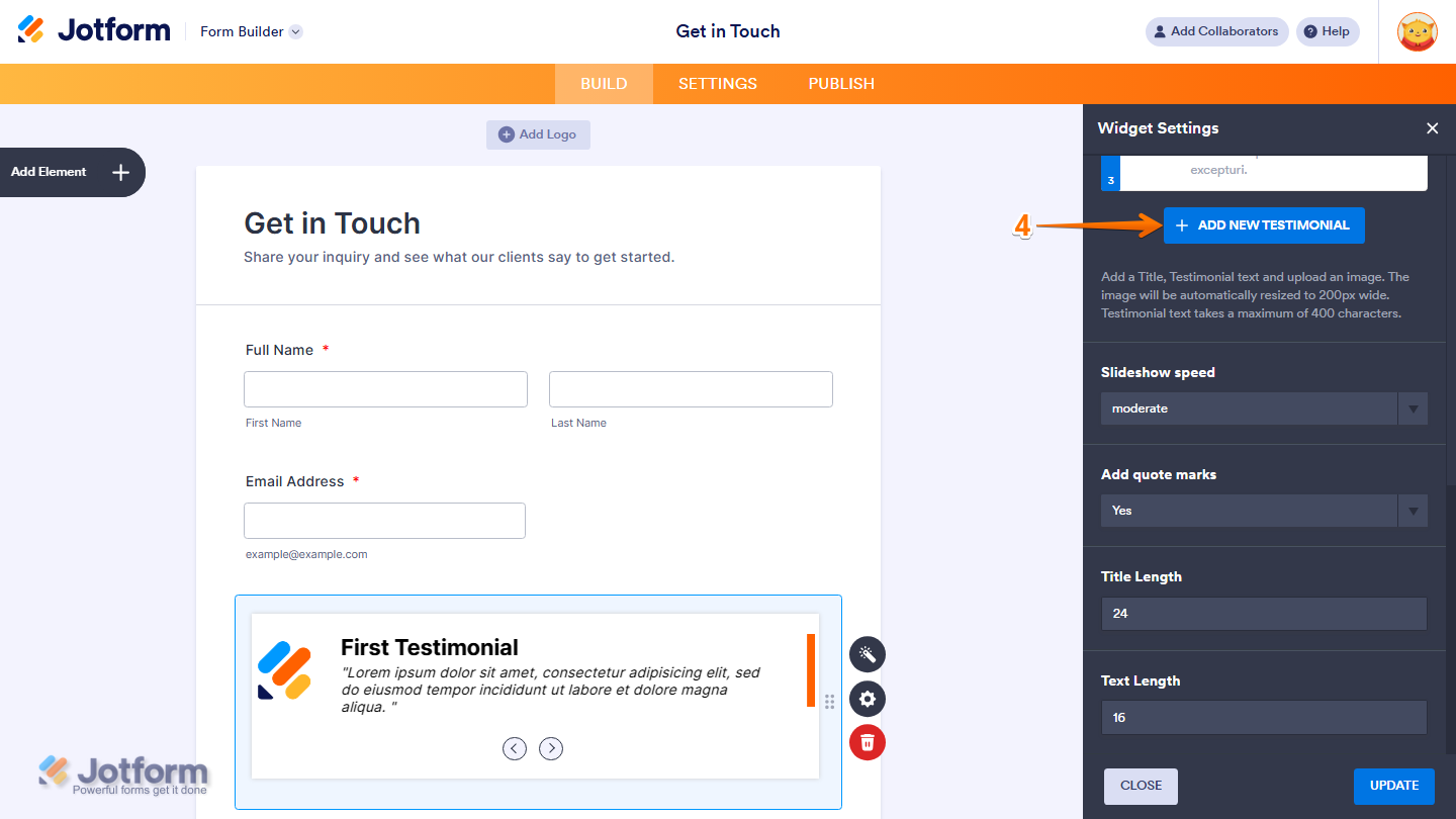 Widget Settings showing Add New Testimonial button in Jotform