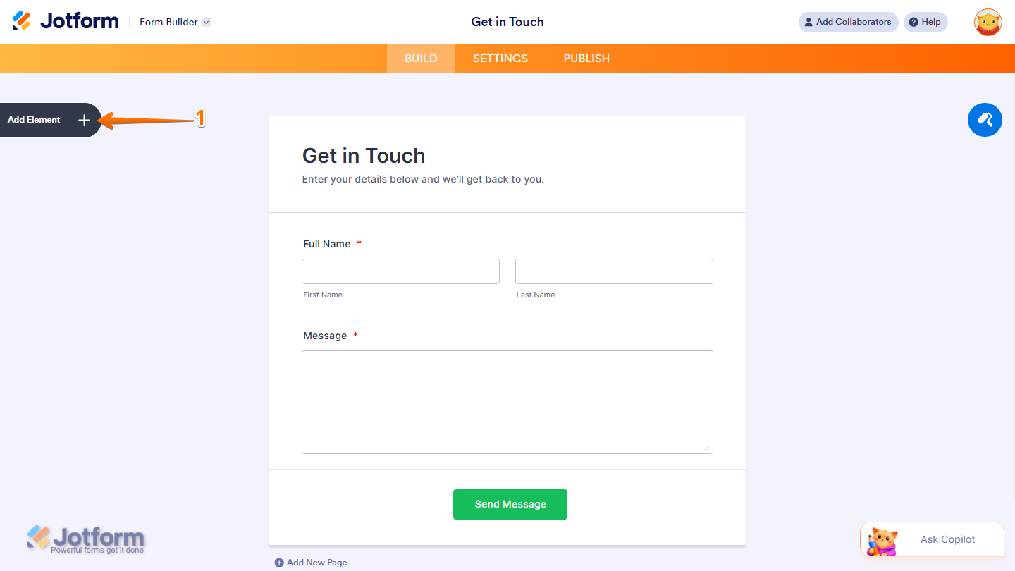 Form Builder showing Add Element button on the left side in Jotform