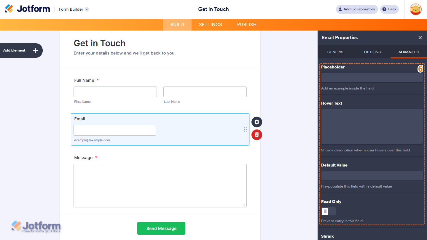 Email field Properties panel Advanced tab showing placeholder hover text default value and read only options in Jotform
