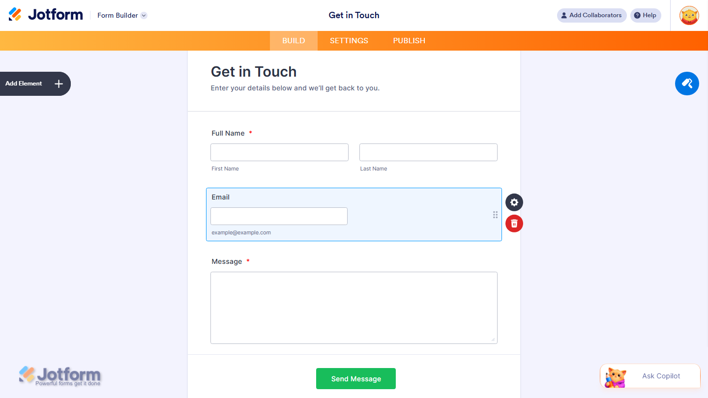 Form Builder showing Email field added and configured on the form in Jotform