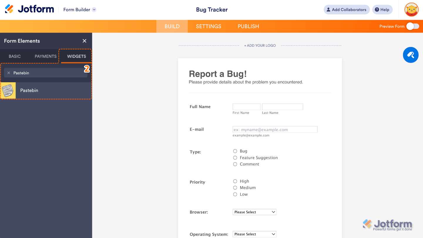 Form Elements panel under the Widgets tab showing the Pastebin widget being searched and added to a form