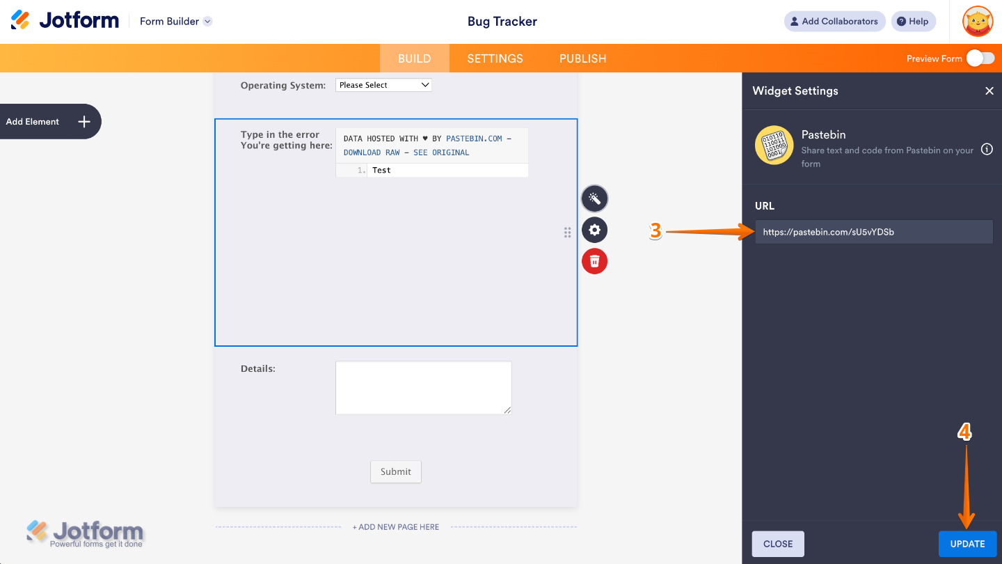 Pastebin widget settings panel showing the URL field for adding a Pastebin link