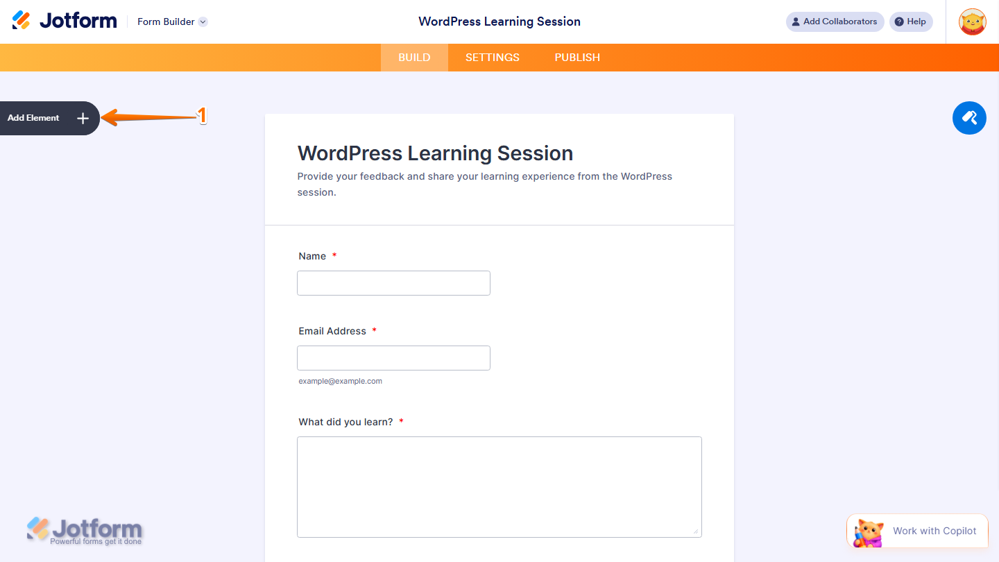 Form Builder showing Add Element button on the left side in Jotform