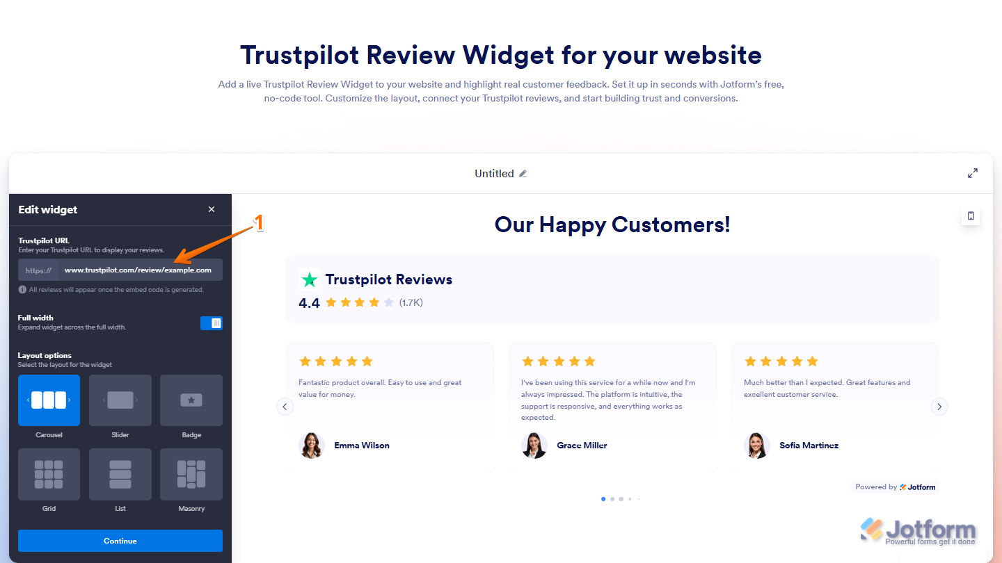 Trustpilot Reviews widget page showing Trustpilot URL field in Edit Widget section