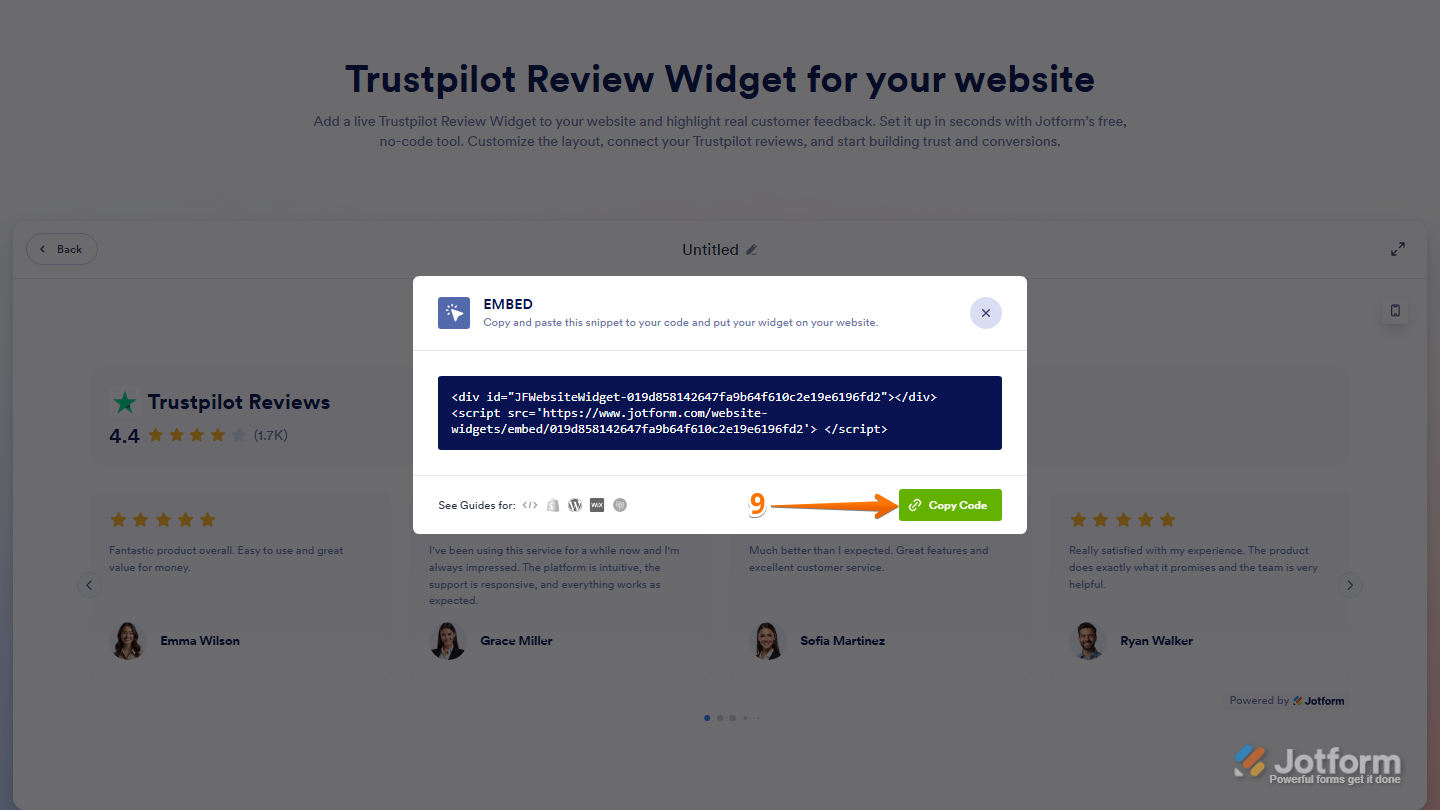 Embed window showing Copy Code button for Trustpilot Reviews widget in Jotform