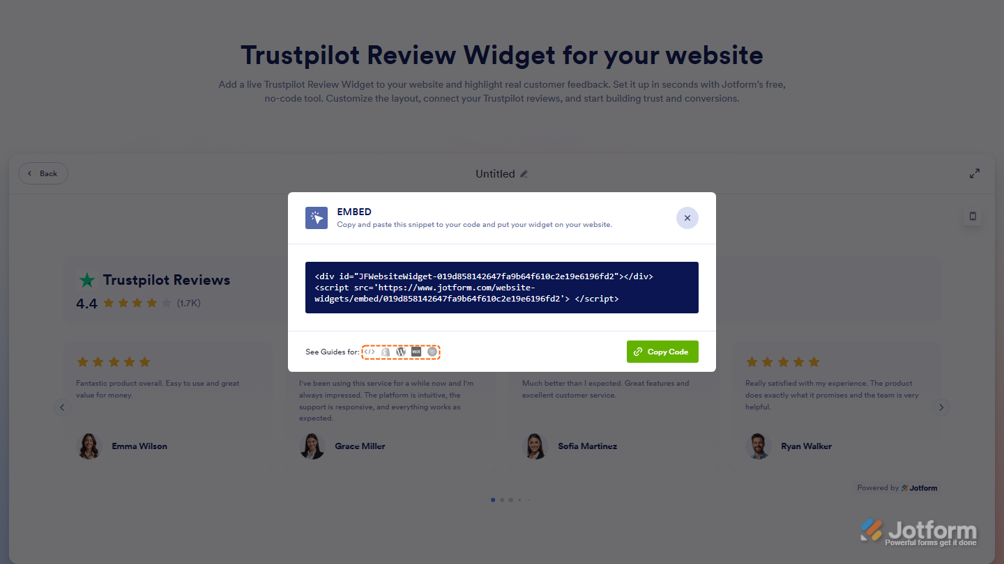 Embed window showing platform icons for HTML Shopify WordPress Wix and Ghost in Jotform