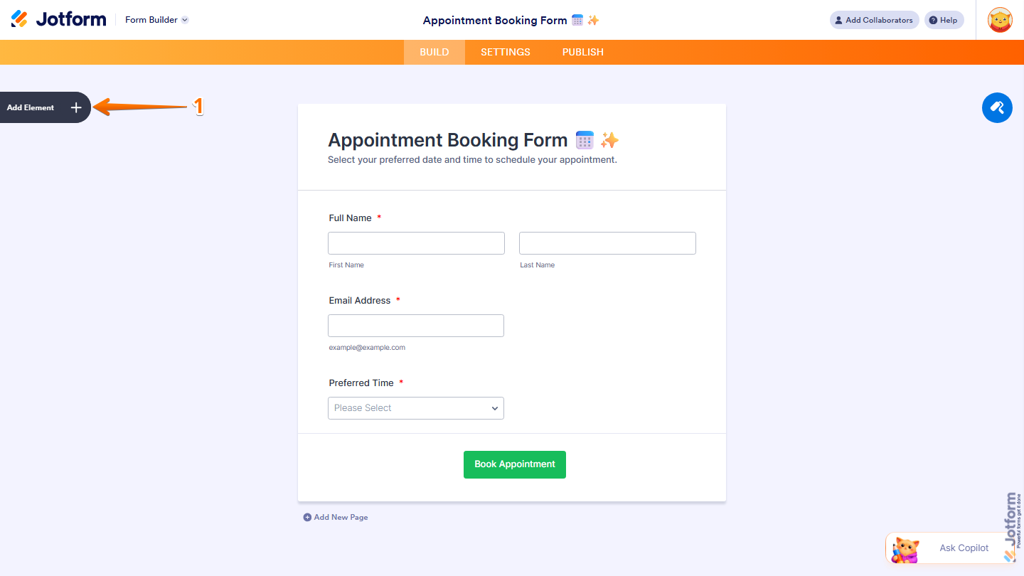 Form Builder showing Add Element button on the left side in Jotform