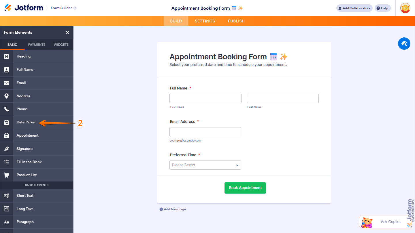 Form Elements Basic tab showing Date Picker field selection in Jotform