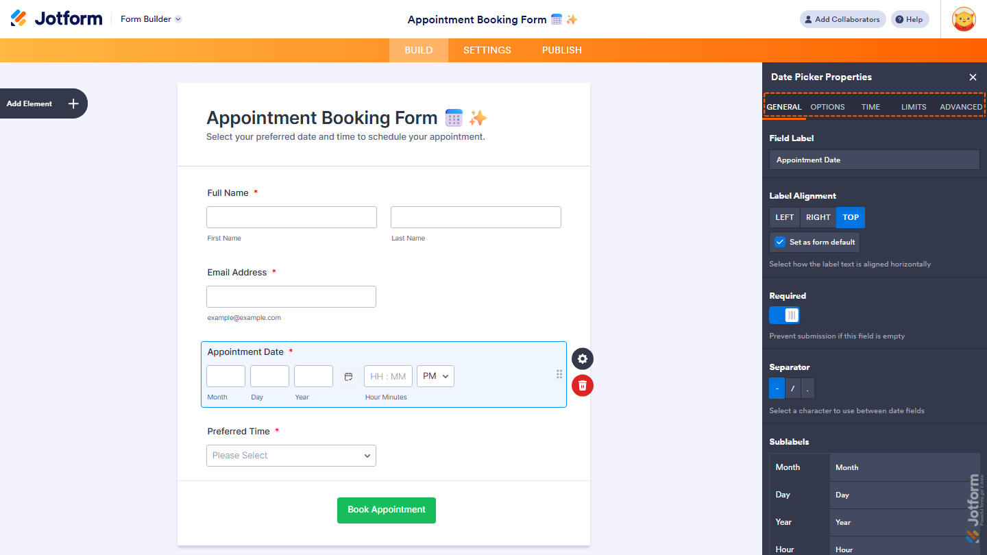 Date Picker field Properties panel showing General Options Time Limits and Advanced tabs in Jotform