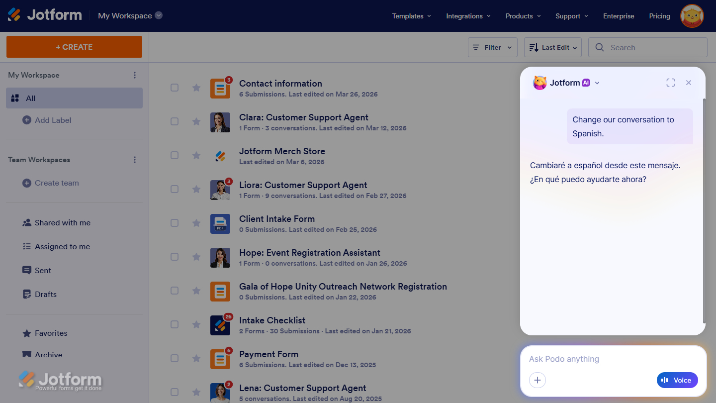 Jotform AI successfully switched the conversation language to Spanish