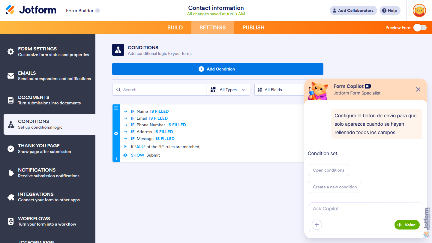 Jotform AI added a condition based on the prompt