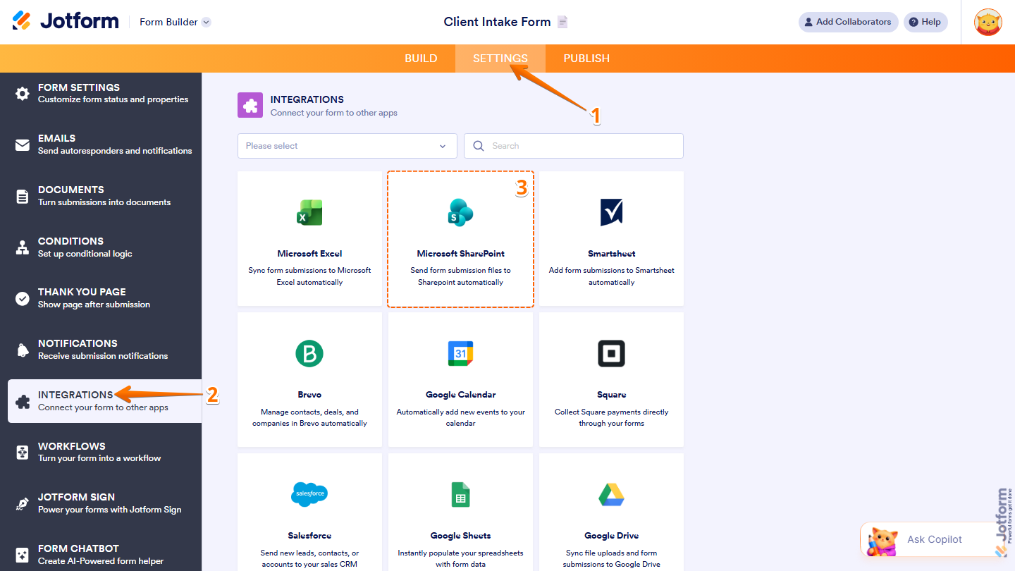 Form Builder Settings Integrations tab showing Microsoft SharePoint search and selection in Jotform