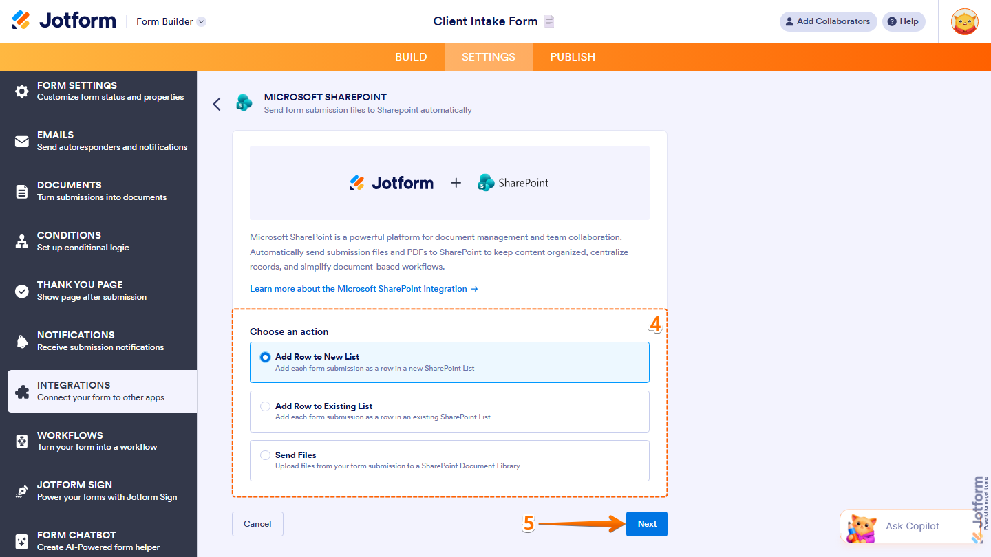 Microsoft SharePoint integration showing Choose an Action options and Next button in Jotform