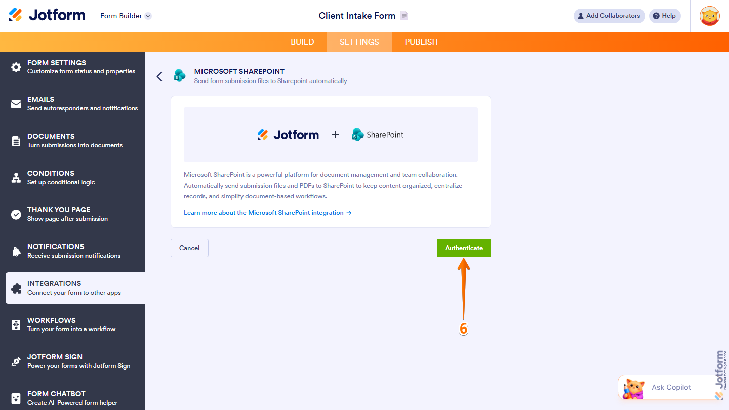 Microsoft SharePoint integration showing Authenticate button and login prompt in Jotform