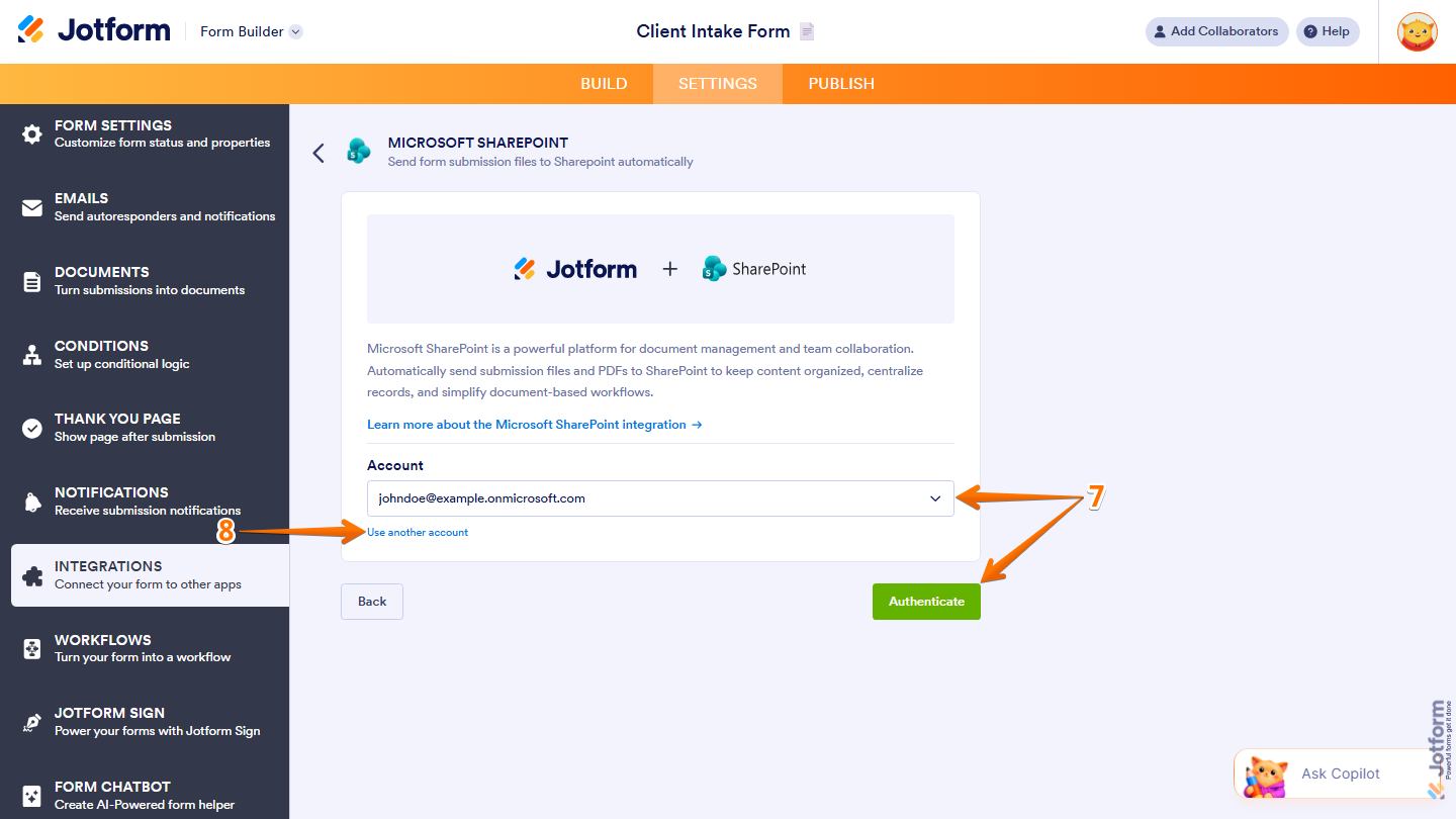Microsoft SharePoint integration showing account dropdown and Use Another Account option in Jotform