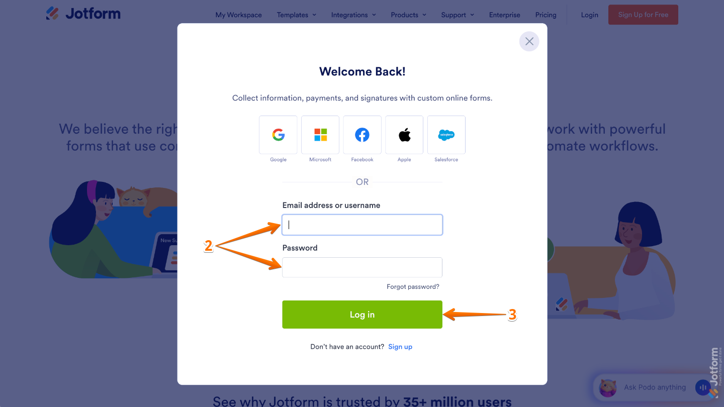 Login window showing fields for username or email and password with the Log in button