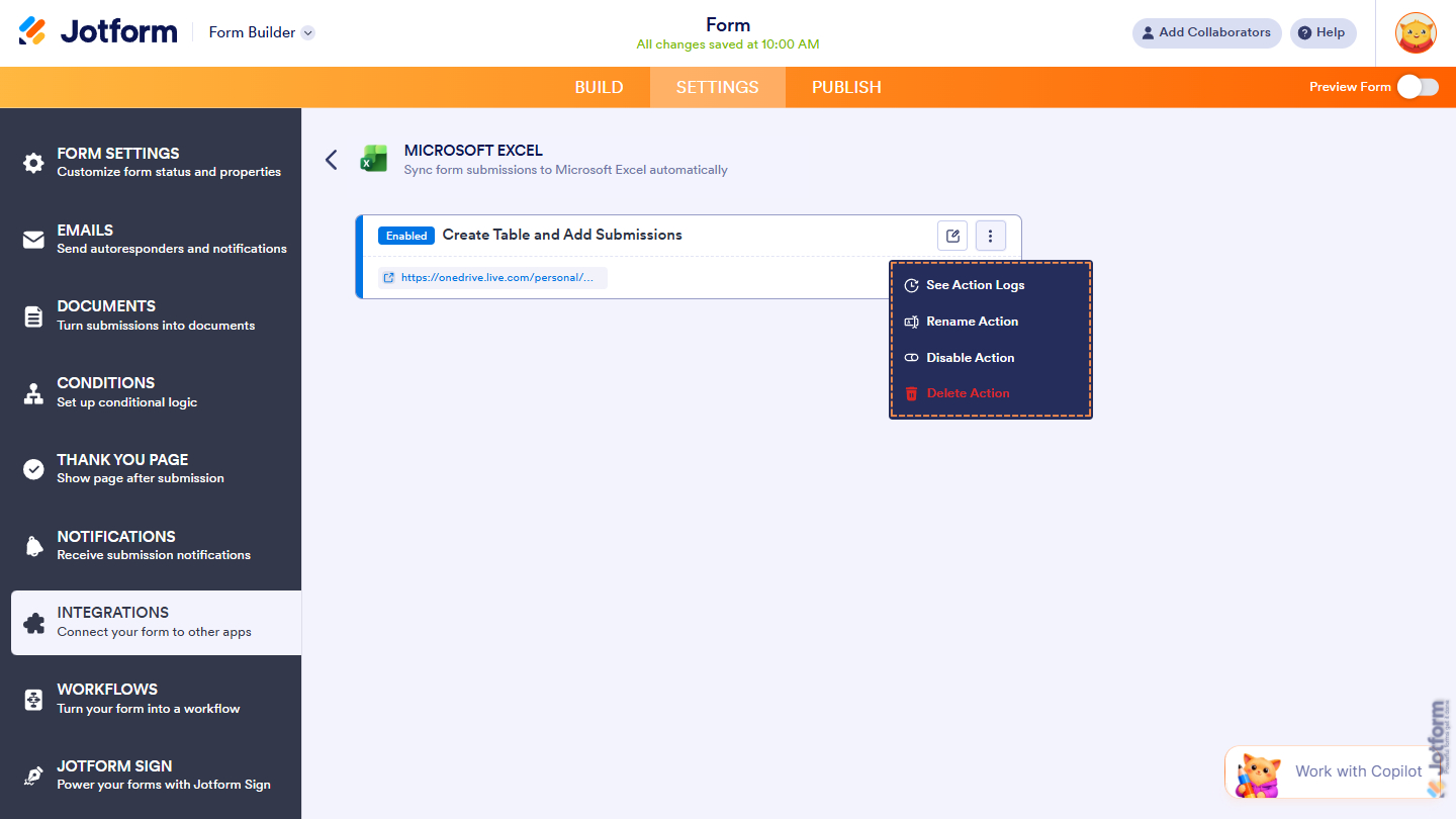 Manage Actions in the Microsoft Excel integration