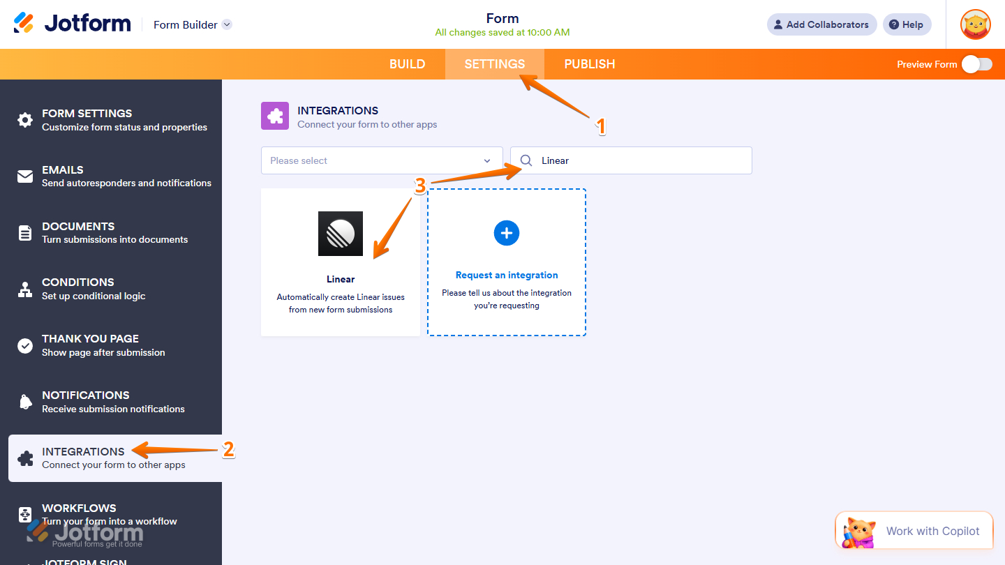 Linear integration option in the Integrations page of the Jotform Form Builder