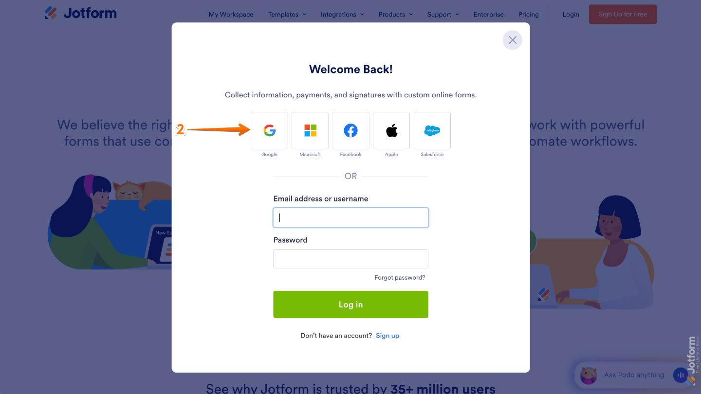 Login window showing the Google icon for signing in with a Google account