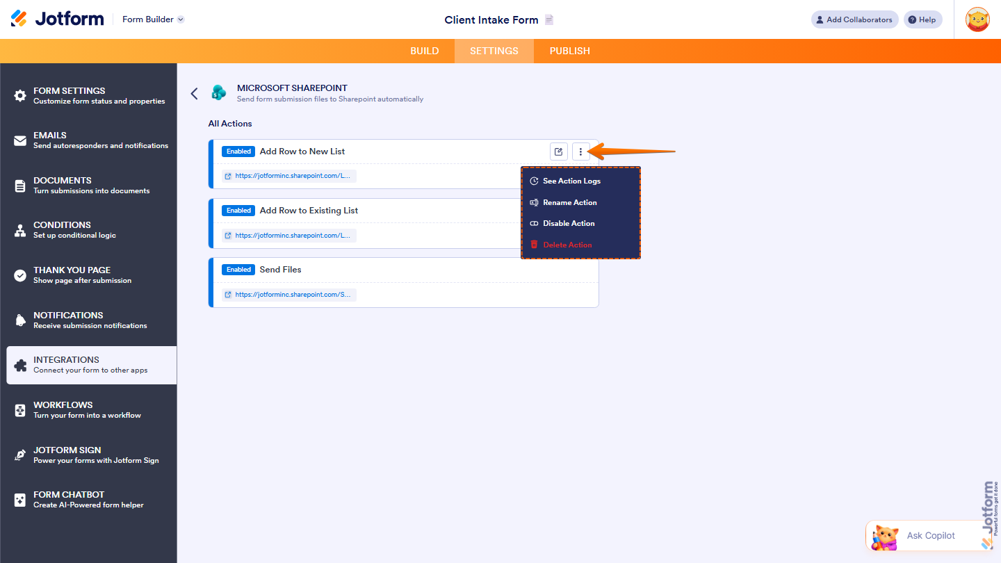 Integration actions list showing Pencil icon and Three Dots menu options in Jotform
